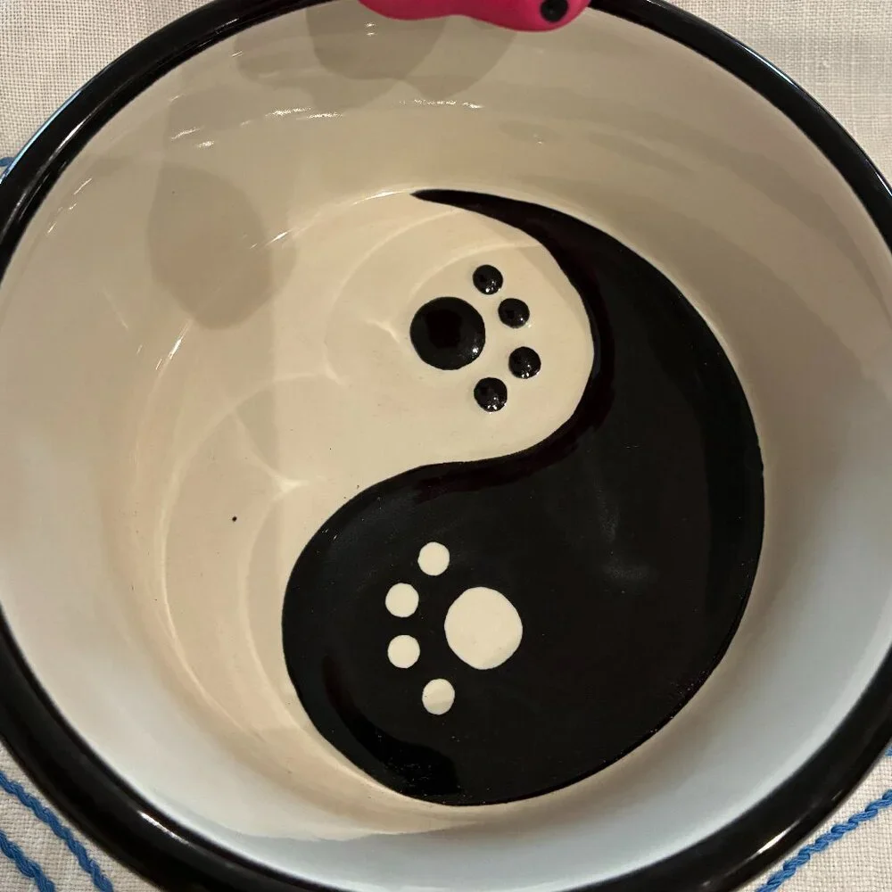 Yin/Yang ceramic dog bowl and toy